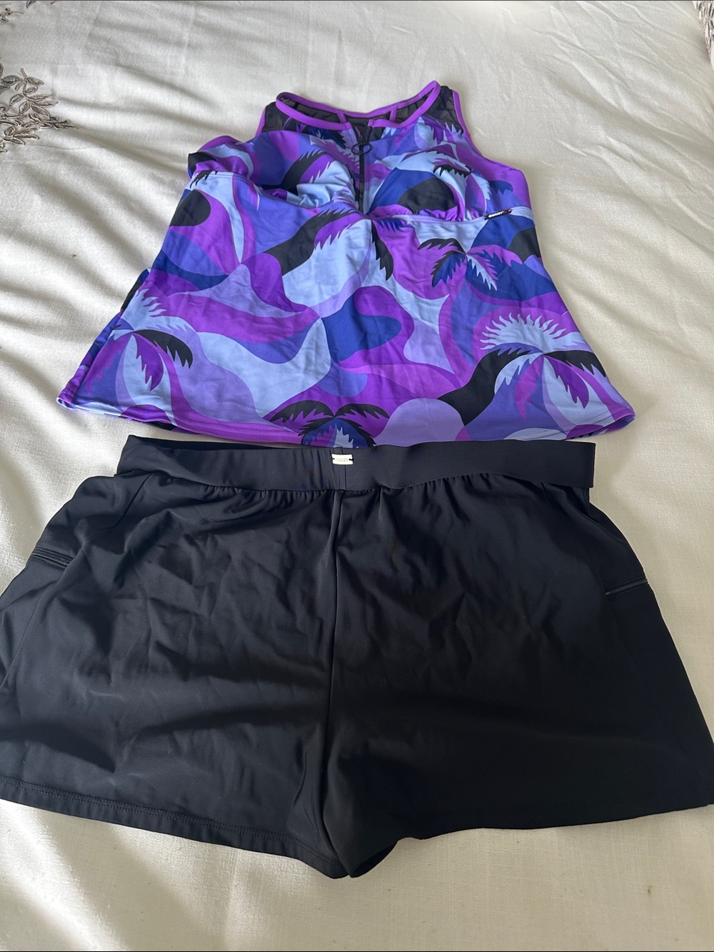 Purple Palm-Print Women’s Tankini Top and Black Swim Shorts Set
